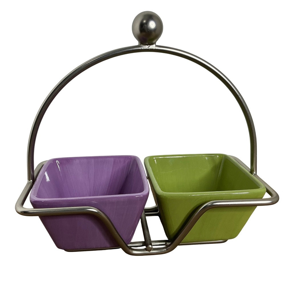 Purple and Green Ceramic Double Condiment Server with Silver Metal Carry Handle
